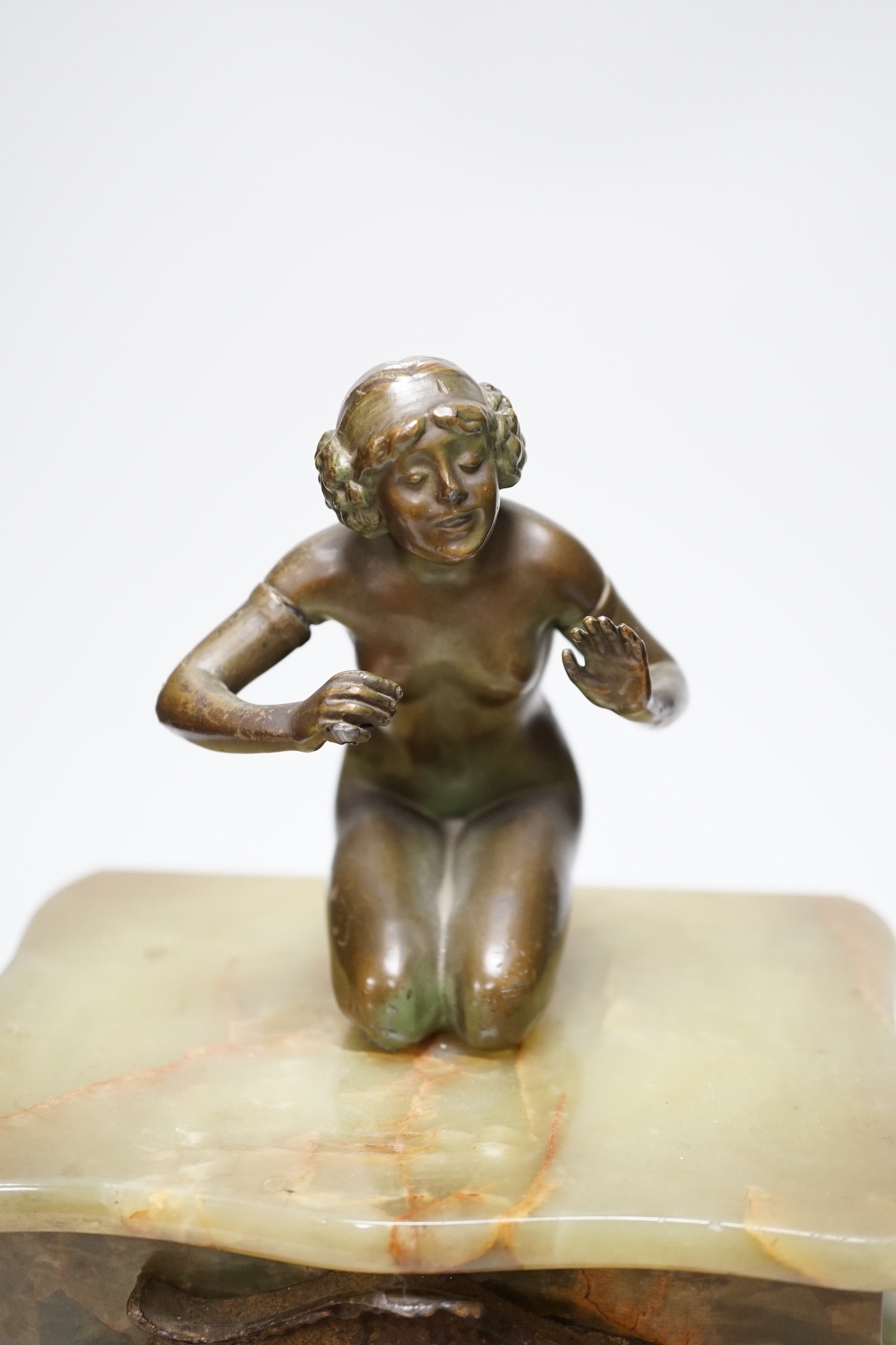 A French figural bronze mounted green onyx clock, 30cm